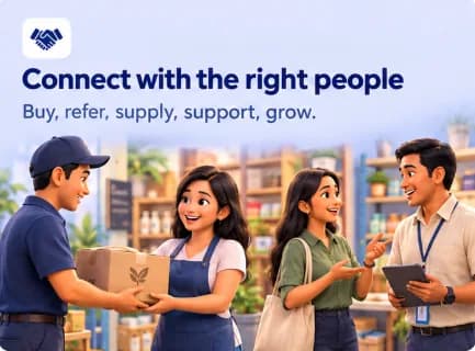 Connect with the right people: Buy, refer, supply, support, grow. A supplier hands a box to a store owner while others talk business.