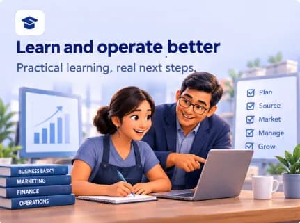 Learn and operate better: Practical learning, real next steps. A mentor guides an entrepreneur on a laptop next to a plan, source, market, manage, grow checklist.