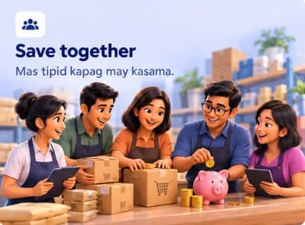 Save together: Mas tipid kapag may kasama. Small business owners pooling coins into a piggy bank beside supply boxes.