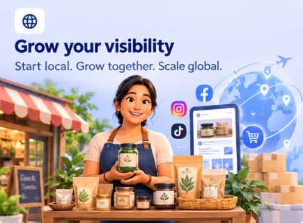 Grow your visibility: Start local. Grow together. Scale global. A store owner shows her products with social media and online shop icons around her.